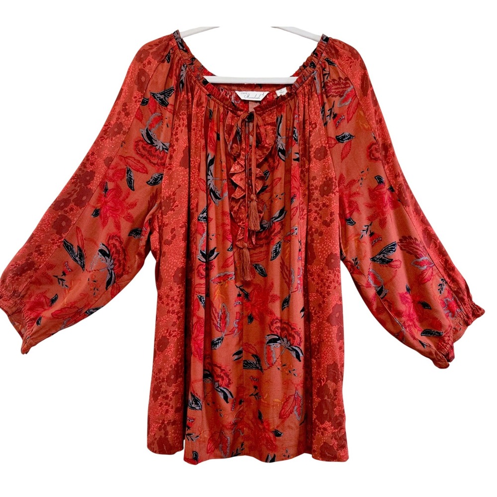 Caffe Marrakesh Womens 2X Red Floral Boho Peasant Blouse Tassel Tie Ruffle Top